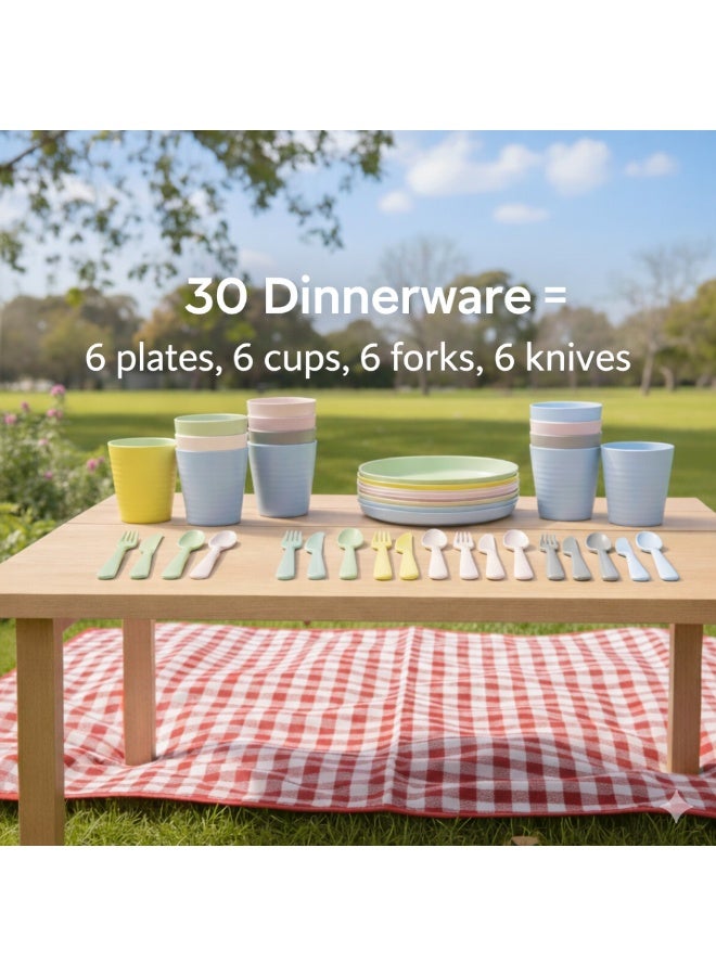 Kids Dinnerware Set 30 Pieces – Plastic Plates, Cups, Forks, Spoons & Knives | Children Tableware Set, Multi Colors - Image 2